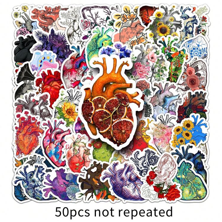 50pcs Heart Doodle Stickers, Popular Creative Decoration Stickers For Skateboards, Phone Cases, Waterproof Luggage - 50 Hearts - 1173 - View 2