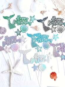 5Pcs Mermaid Cake Toppers Shell Starfish Fishtail Cake Toppers/CupCake Toppers For Birthday Party, Party Supplies, Cake Decorations - Multicolor - View 3