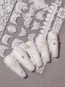 2片白色镂空蕾丝超薄巴洛克风格美甲贴纸，适合日常妆容、新娘妆、重要节日、个人或美甲师使用，美甲贴纸，适合个人DIY、美甲师和女孩使用。 - 白色 - 查看 4