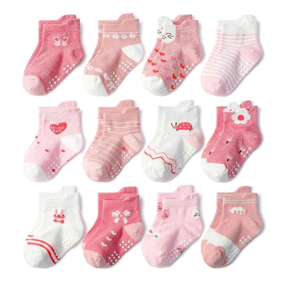 12 Pairs Summer Short Anti-Slip Socks With Glue At Heels For Toddlers, Cartoon Floor Socks - Multicolor - View 1