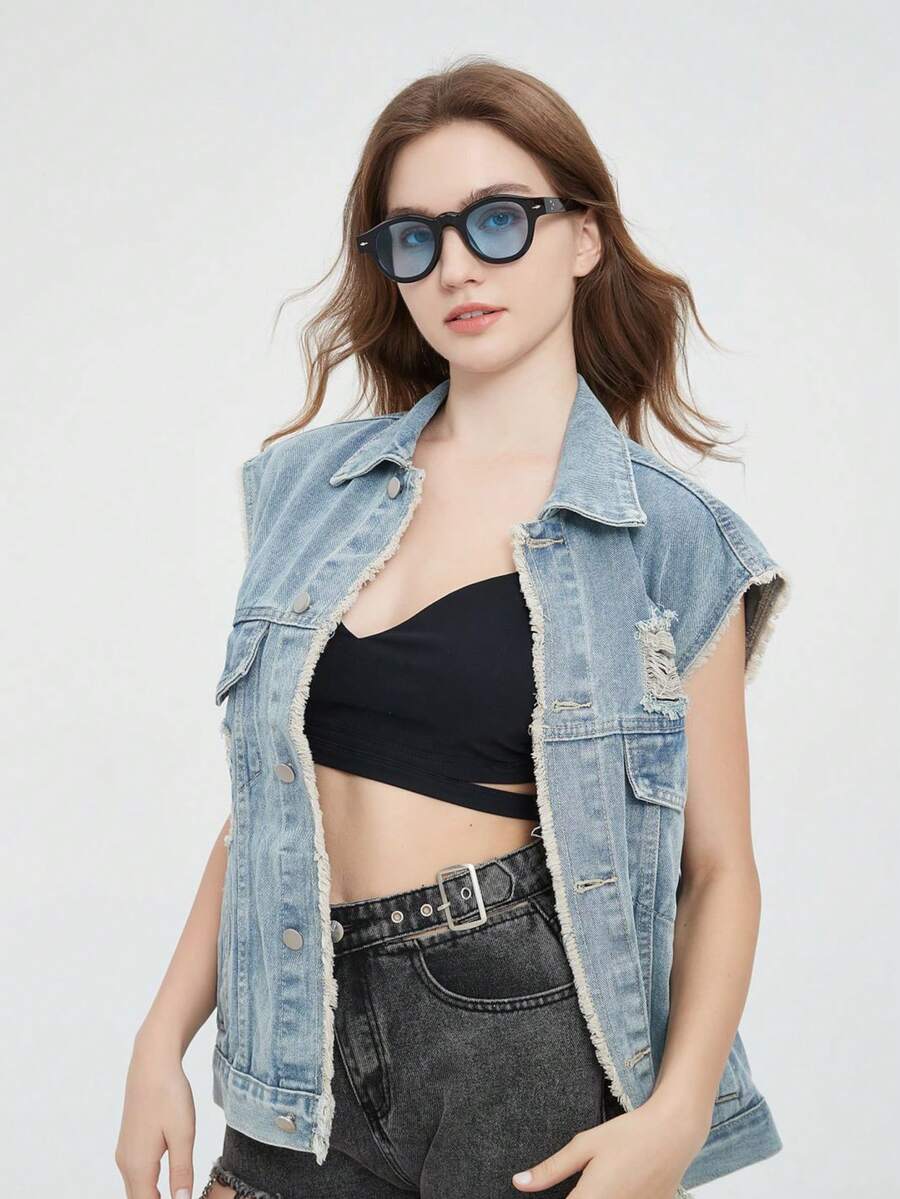 1pc Round Rivet Fashion Full Rim Fashion Glasses, Black Lens - Black - View 1