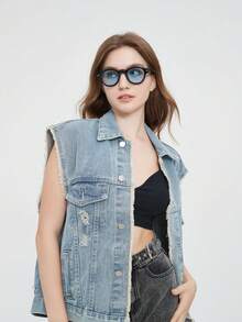 1pc Round Rivet Fashion Full Rim Fashion Glasses, Black Lens - Black - View 4