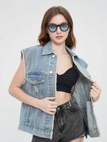 1pc Round Rivet Fashion Full Rim Fashion Glasses, Black Lens - Black - View 2