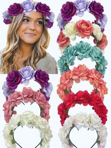 1 pieza Diadema con corona de flor de rosa grande de tela artificial para niña, adecuada para novias, vacaciones en la playa, accesorios para el cabello de vestir de mujer, Día de San Valentín, diadema, aro para el cabello, accesorios de belleza para el hogar - Multicolor - Ver 11