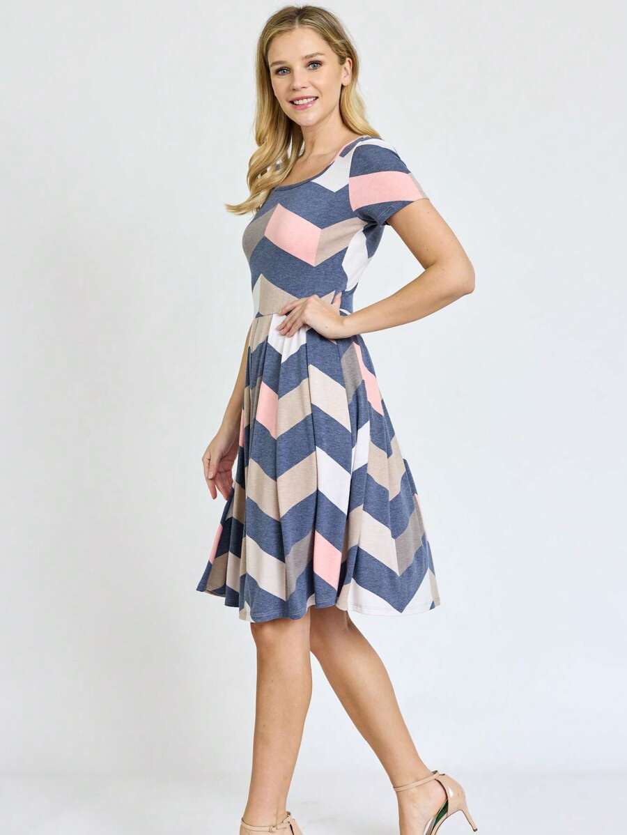 Chevron Stripe Paisley Oriental Floral Southern Style Gathered Pleated Swing Dress | S-3X - Bụi hồng - Xem 1