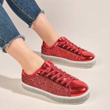 女性閃亮網球運動鞋，霓虹亮色鞋款，閃閃發光的鑽石婚禮新娘鞋，閃亮的亮片鞋 - 紅色 - 查看 2