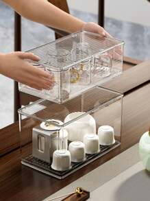 1入組茶具收納盒，辦公室起居室桌面收納架，豪華防塵玻璃杯咖啡杯架，多功能化妝品組織盒 - 白色 - 查看 3