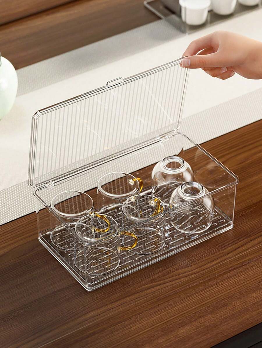 1入組茶具收納盒，辦公室起居室桌面收納架，豪華防塵玻璃杯咖啡杯架，多功能化妝品組織盒 - 白色 - 查看 1