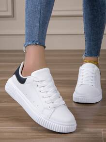 Scarpe sportive casual da donna a punta tonda bianche, traspiranti, con lacci, da indossare all\u2019aperto, con stile campus, leggere e versatili
