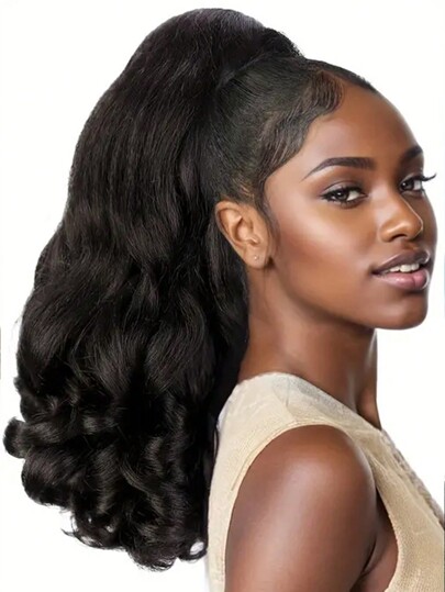 Yaki Cury Wave Ponytail Extension Drawstring Ponytail For Women Synthetic Long Curly Wave Pony Tails Hair Extensions Clip In Ponytail 16 Inch Hairpiece