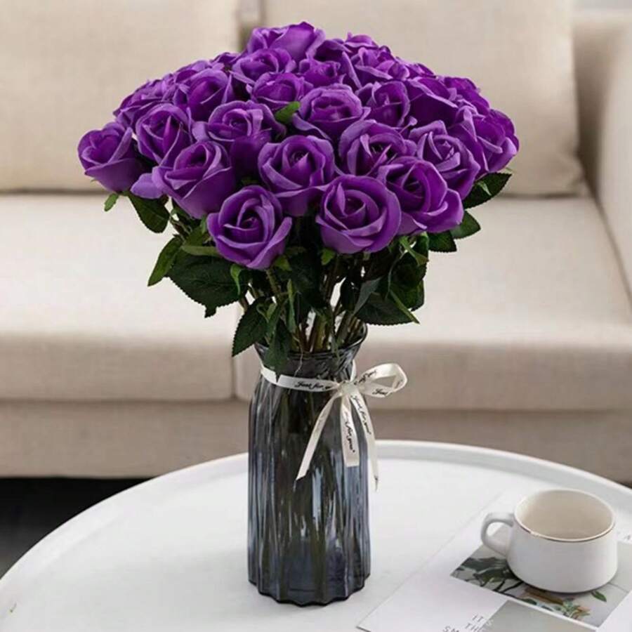 20pcs Artificial Single Stem Rose Flowers For Living Room Decoration, Tabletop Display - Purple - View 1