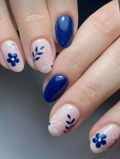 24 Pieces Of Medium-Long Oval Dark Blue Minimalist Cute Floral, Grass, Leaf Pattern Push-On False Nail Set Full Coverage False Nail Set Suitable For Daily, Festivals, Commuting, Parties, Gatherings To Enhance The Charm Of Fingertips Press On Nails Nail Supplies Nails