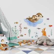 SURELIFE 1張水彩水獭家庭母子海草游泳卡通牆貼壁畫貼紙，適用於兒童房、幼兒園、臥室壁畫 - 彩色 - 查看 6