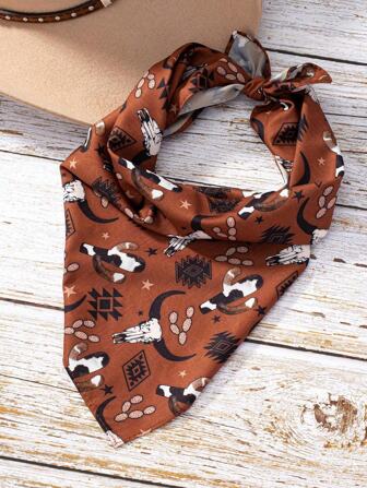 1 Pc Western Paisley Flower Boot Bull Wild West Hat Print Hairband For Women , Headband Hair Accessories Gift For Mother Wife Friends, Birthday Mother's Day Present For Her ,Bandana Hair Scarf, Headscarf Fall Winter Hair Band Bows For Vacation Outfits Woman