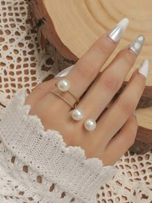 2pcs Vintage Simple Faux Pearl Open Ring Set, Suitable For Banquet,Summer,Jewellery,Festival,Classy - Gold - View 1