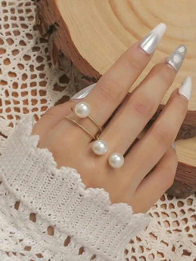 2pcs Vintage Simple Faux Pearl Open Ring Set, Suitable For Banquet
