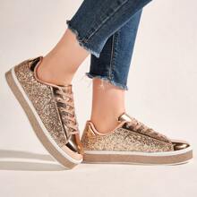 女士閃爍網球運動鞋霓虹夜光閃亮運動鞋，鑲有鑽石的閃爍婚禮新娘鞋，閃亮亮的亮片鞋 - 玫瑰金 - 查看 2