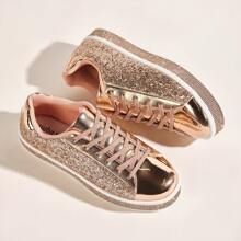 女士閃爍網球運動鞋霓虹夜光閃亮運動鞋，鑲有鑽石的閃爍婚禮新娘鞋，閃亮亮的亮片鞋 - 玫瑰金 - 查看 3