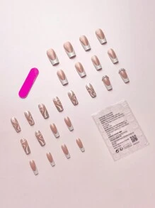 24片/套法式中长条纹3D水钻亮片全覆盖假指甲，升级你的指甲，包含1片果冻胶和1个指甲锉。非常适合女性日常美甲。按压式美甲用品