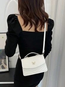 Solid Color Pu Leather Stitching With Bowknot Design Flap Shoulder Crossbody Square Bag, Suitable For Women's Daily Commute, Shopping, Travel, Gathering, Girls Night Out, Festivals, Birthday Gifts And Parties. Valentines, Fashionable Bow Purse For Women