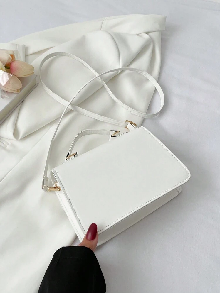 Bolso cuadrado de hombro cruzado con solapa y diseño de lazo en piel de PU de unicolor, adecuado para el uso diario, compras, viajes, reuniones, salidas de chicas, festivales, regalos de cumpleaños y fiestas. Cartera de dama con lazo de moda para el Día de San Valentín - Blanco - Añade 6