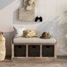 TREXM Rustic Storage Bench With 3 Removable Classic Rattan Basket , Entryway Bench With Removable Cushion (White Washed) - White Washed - View 8