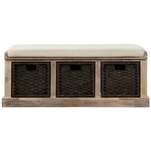 TREXM Rustic Storage Bench With 3 Removable Classic Rattan Basket , Entryway Bench With Removable Cushion (White Washed) - White Washed - View 7