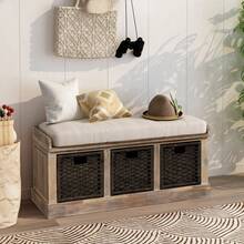 TREXM Rustic Storage Bench With 3 Removable Classic Rattan Basket , Entryway Bench With Removable Cushion (White Washed) - White Washed - View 1