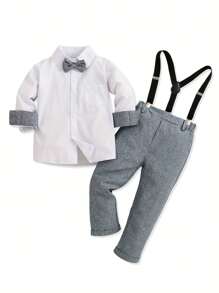 Young Boy's Spring/Summer/Autumn Gentleman Style Long Sleeve Shirt And Overall Pants Two Pieces Set