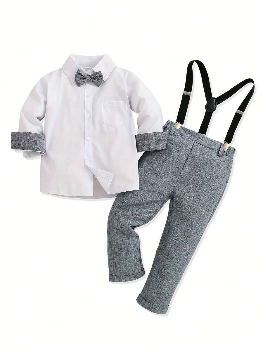 Young Boy's Spring/Summer/Autumn Gentleman Style Long Sleeve Shirt And Overall Pants Two Pieces Set