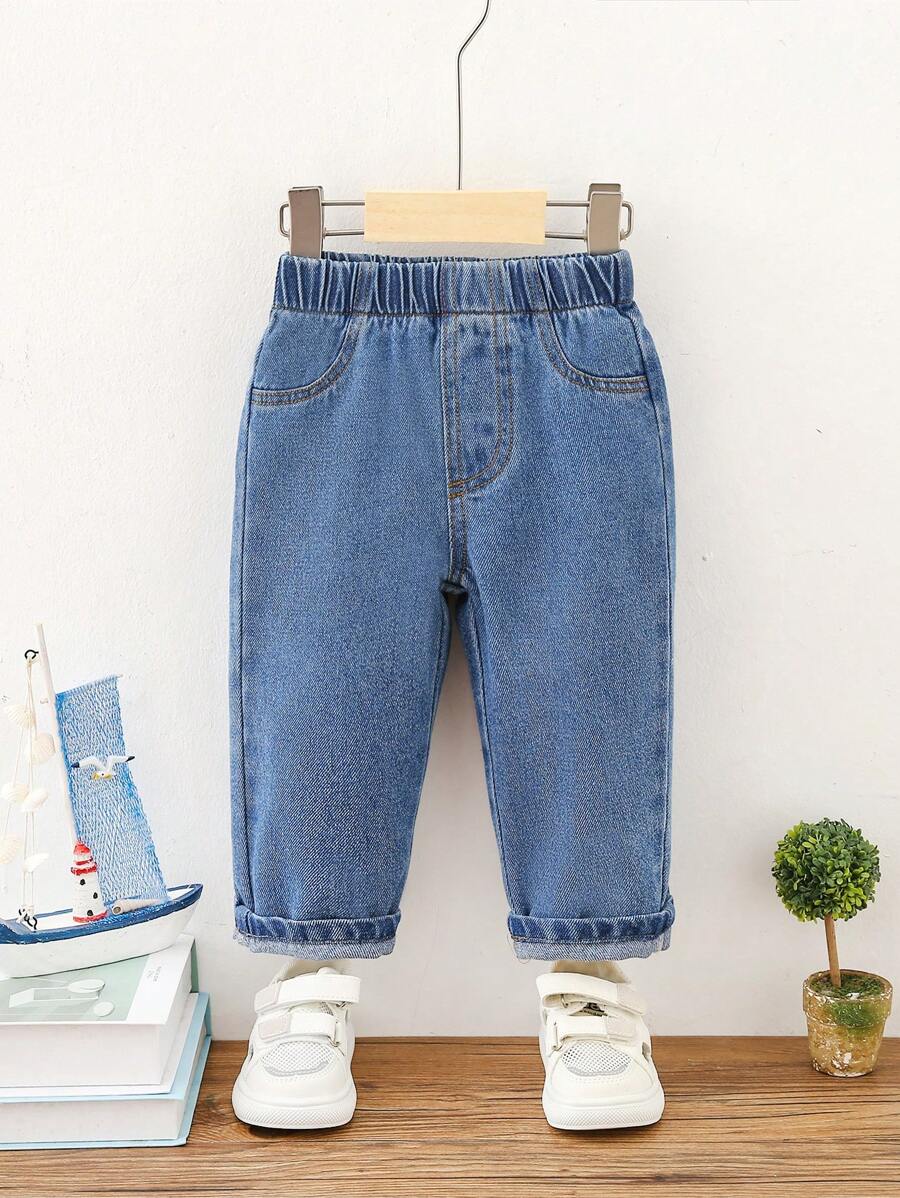 1pc Baby/Toddler Casual Versatile Plain Denim Pants, Suitable For Streetwear And Outdoor - Dark Wash - View 1