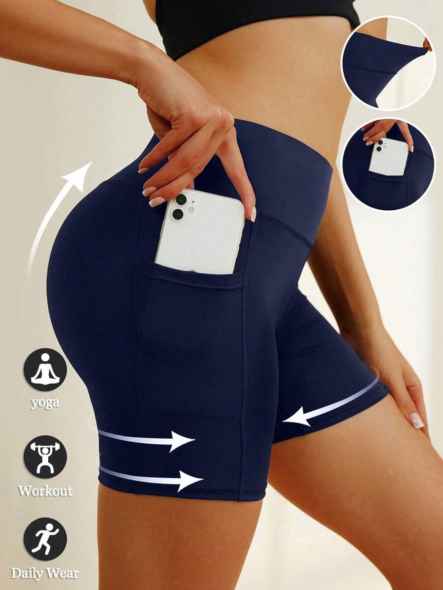 Spandex Tummy Control Yoga Shorts With Pockets, High Waist Workout Shorts For Active Wear - Navy Blue - View 1