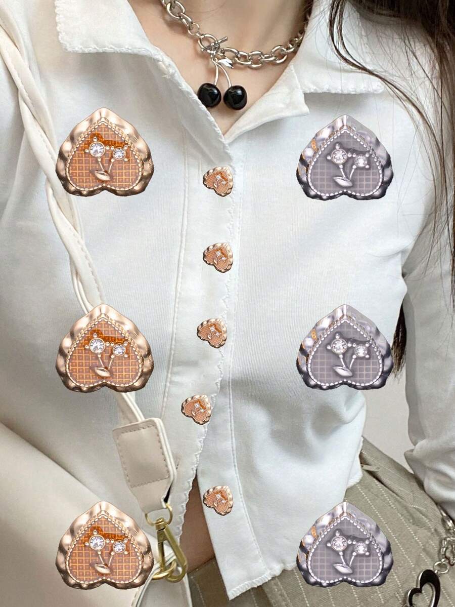 5入組樹脂和金屬鑲嵌花心形扣子，時尚裝飾用於襯衫、西裝、毛衣、外套、帽子和鞋子的DIY