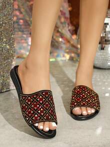 Wide Fit Summer Rhinestone Sandals New Flat Slip-On Slippers Red Casual Women Shoes EU Style - Red - View 4
