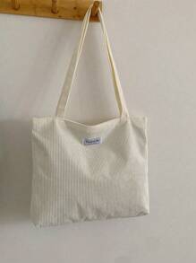 Casual New Solid Color Corduroy Tote Bag, Large Capacity Shoulder Bag, Handbag For Students, Shopping, Tutoring Classes, Literary School Bag & Bookbag For Women Or Students, Perfect For Books, Shopping, Back To School And More, Tote Bags For School,College Essentials, Perfectly Matching With Fall Outfits Women - White - View 3