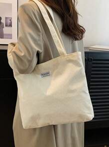 Casual New Solid Color Corduroy Tote Bag, Large Capacity Shoulder Bag, Handbag For Students, Shopping, Tutoring Classes, Literary School Bag & Bookbag For Women Or Students, Perfect For Books, Shopping, Back To School And More, Tote Bags For School,College Essentials, Perfectly Matching With Fall Outfits Women - White - View 2
