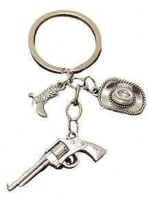 1 pieza Llavero de pistolero vaquero occidental con sombrero vaquero en miniatura, botas de montar y pistola para colgar en la mochila - Plateado - Ver 2