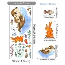 SURELIFE 1張水彩水獭家庭母子海草游泳卡通牆貼壁畫貼紙，適用於兒童房、幼兒園、臥室壁畫 - 彩色 - 查看 3