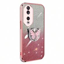 Custodia per telefono a farfalla in metallo con placcatura scintillante e supporto pieghevole, compatibile con telefoni Huawei/Honor, per Honor 200 Lite, Honor 90 Smart X7B X8B X9B, elegante scintillante colorata placcato morbido guscio per le donne, copertura protettiva antigraffio - Glitter elettrolitico viola + staffa a farfalla in metallo - Visualizzare 9
