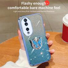 Custodia per telefono a farfalla in metallo con placcatura scintillante e supporto pieghevole, compatibile con telefoni Huawei/Honor, per Honor 200 Lite, Honor 90 Smart X7B X8B X9B, elegante scintillante colorata placcato morbido guscio per le donne, copertura protettiva antigraffio - Glitter elettrolitico viola + staffa a farfalla in metallo - Visualizzare 4