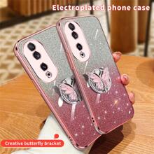 Custodia per telefono a farfalla in metallo con placcatura scintillante e supporto pieghevole, compatibile con telefoni Huawei/Honor, per Honor 200 Lite, Honor 90 Smart X7B X8B X9B, elegante scintillante colorata placcato morbido guscio per le donne, copertura protettiva antigraffio - Glitter elettrolitico viola + staffa a farfalla in metallo - Visualizzare 3