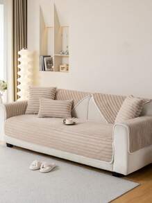 1入組兔子毛絨條紋沙發套，適用於1-2-3-4人座沙發，附背墊扶手套，全季節防滑