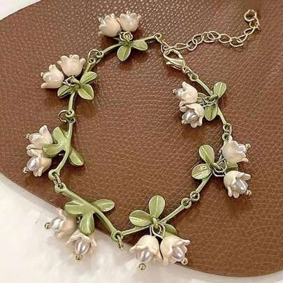 1 Miếng Tươi & Đáng yêu Rừng Loạt Trắng Hoa loa kèn & Ngọc trai Giả Chuỗi vòng tay Đối với phụ nữ , Cao-kết thúc Phụ kiện