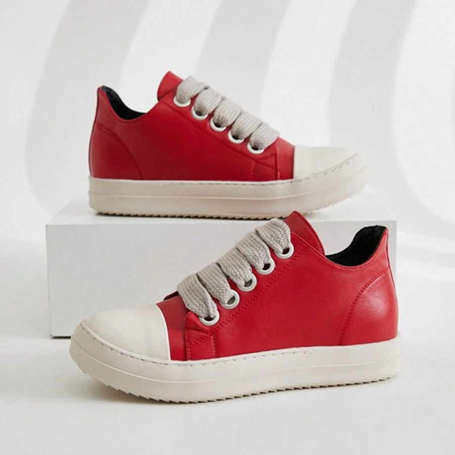 男士厚鞋帶，圓頭休閒鞋，時尚復古厚底運動鞋 - 紅色 - 查看 1