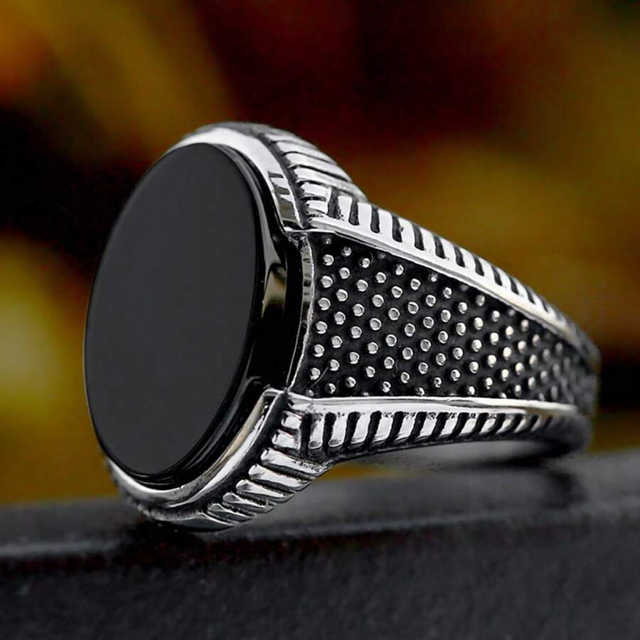 復古時尚黑色瑪瑙銀款男戒，朋克商務派對嘻哈風格男士禮物 - 銀色 - 查看 1