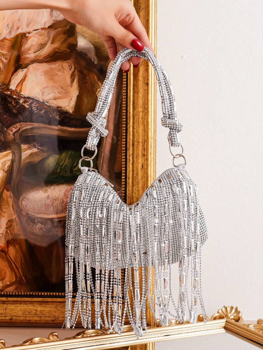 閃爍的鑽石裝飾流蘇手拿包，優雅的女士聚會手袋 - 銀色 - 查看 1