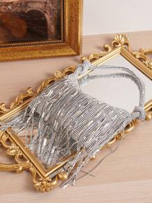 閃爍的鑽石裝飾流蘇手拿包，優雅的女士聚會手袋 - 銀色 - 查看 8