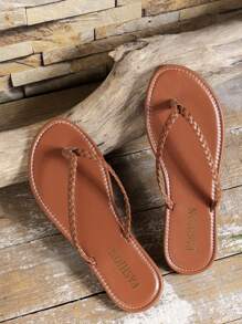 Sandalias planas tejidas de moda para mujer, chanclas con poste de dedos