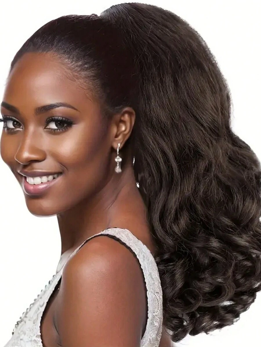 Yaki Cury Wave Ponytail Extension Drawstring Ponytail For Women Synthetic Long Curly Wave Pony Tails Hair Extensions Clip In Ponytail 16 Inch Hairpiece - Coffee Brown - View 1
