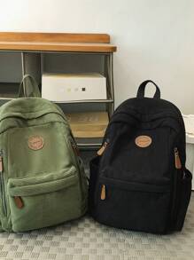 适合大学生的小尺寸灯芯绒背包，轻便，休闲风格，可容纳 14 英寸笔记本电脑，适合高中和大学，适合学校学院返校用品包 - 黑色 - 查看 2